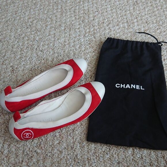 CHANEL red & white sporty Ballerina Flats size 36.5 - Picture 1 of 16